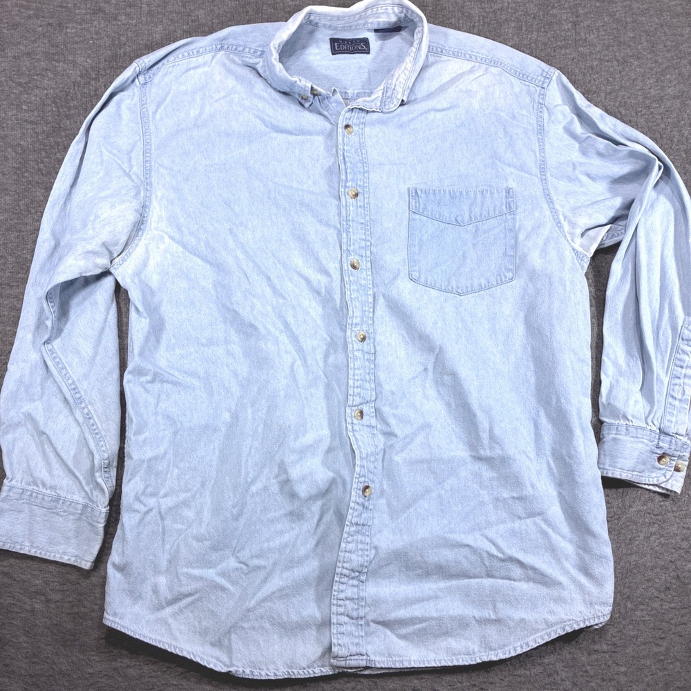 Vintage Basic Editions Denim Button Down Shirt Men Large Blue Distressed Western